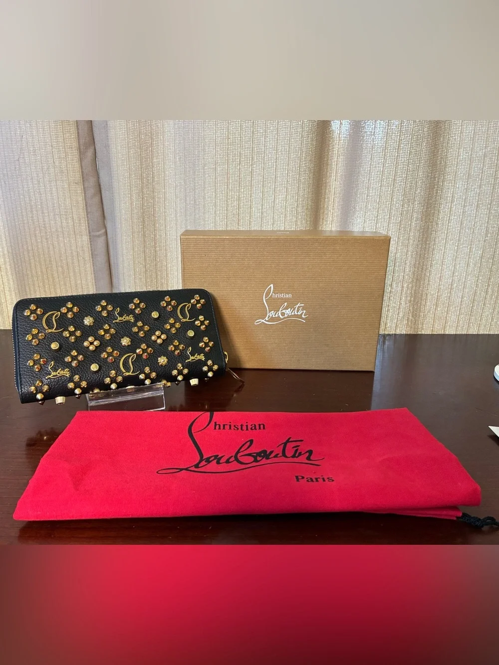 Christian Louboutin Black Leather Zip-Around Wallet with Gold Studs